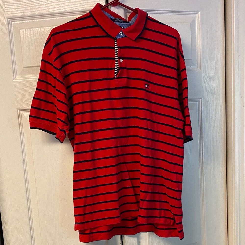 Tommy Hilfiger Red and Blue Striped Polo Shirt